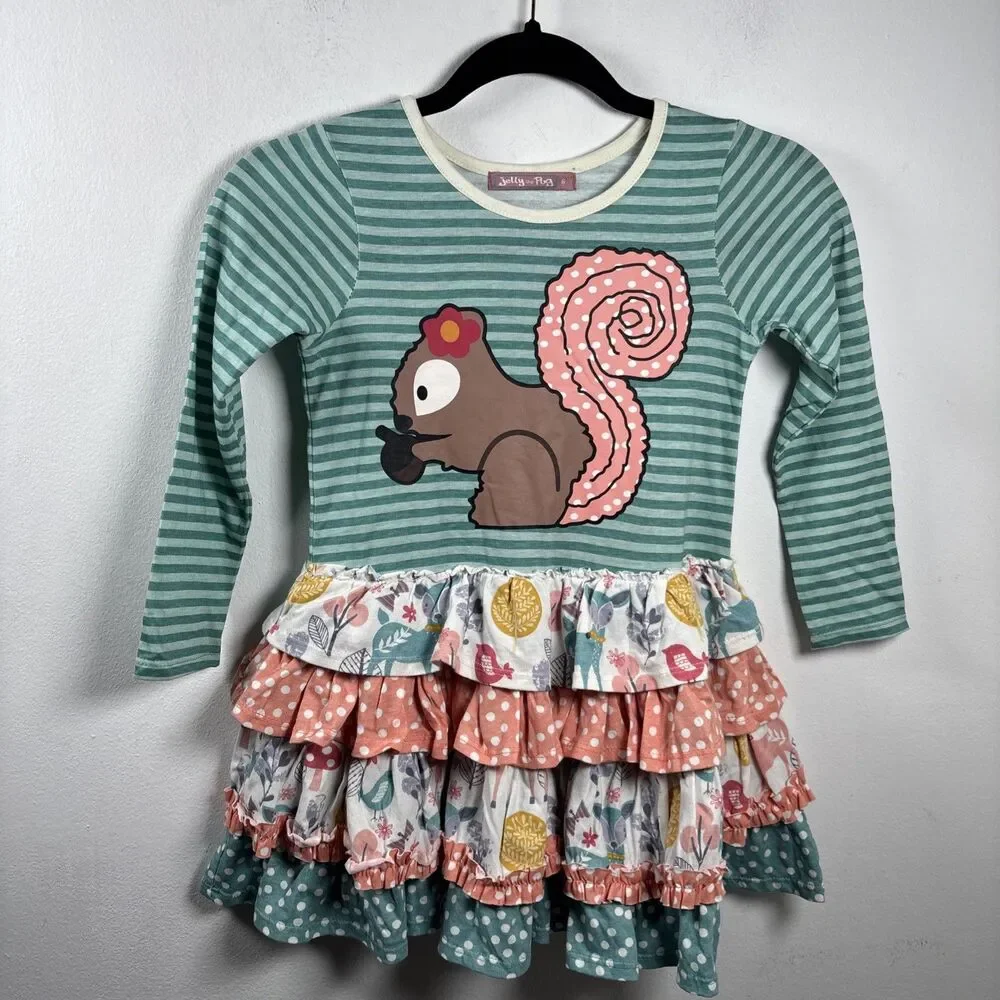 Jelly The Pug Size 6 Woodland Squirrel Knit Dress Ruffle Cottagecore 100% cotton